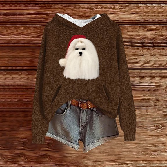 Women's Knit Christmas Dog Printed Hooded Sweatshirt, Cute Long Sleeve Pullover Hoodie, Fall Winter Fashion Casual Top,Brown,S
