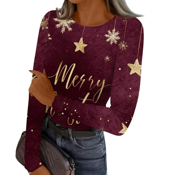Women's Knit Christmas Shirts Cute Xmas Print Stretch Slim Fit Ribbed Shirt Graphic Holiday Christmas Tops