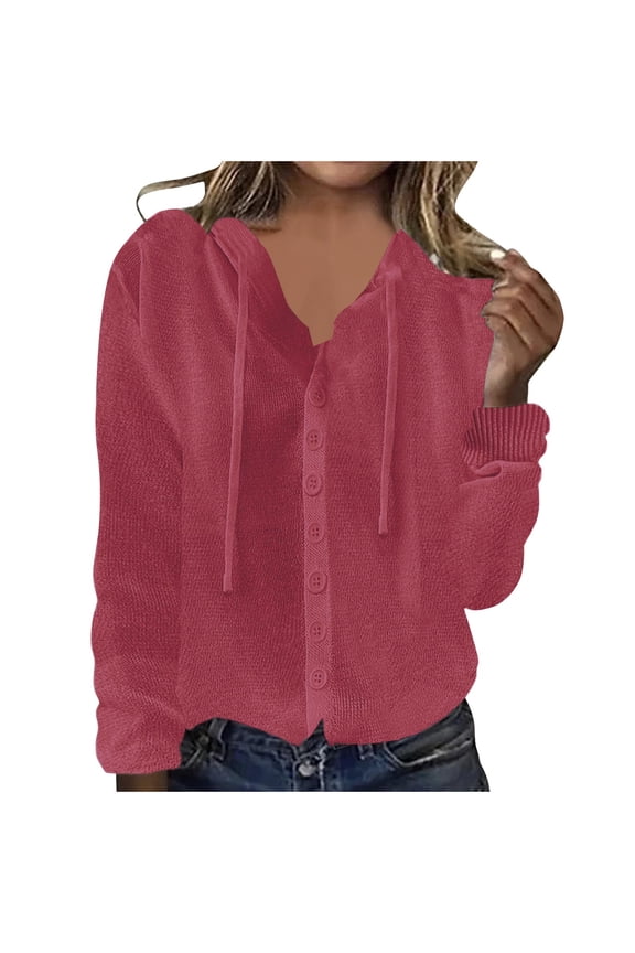 Women's Knit Cotton Hoodies Button Cardigan Hooded Sweaters Tops Drawstring Open Front Jacket Coats