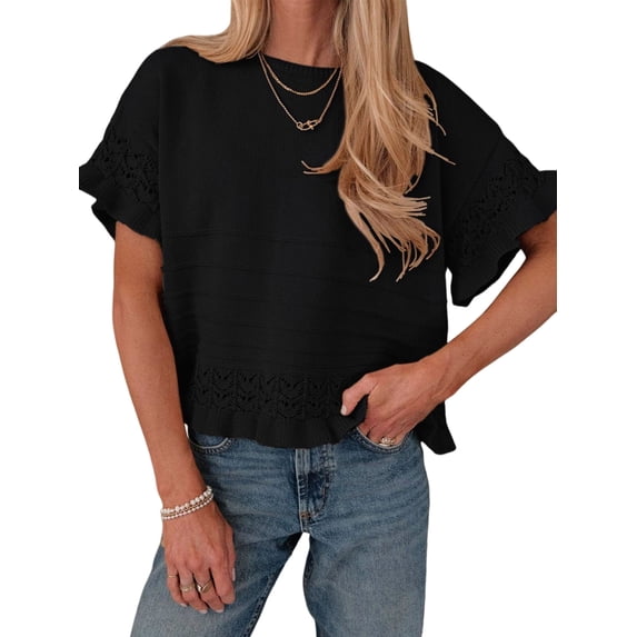 Women's Knit Crochet Short Sleeve Round Neck Ruffled Hem Pullover Fall Sweater for Casual Summer Black L