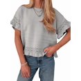 thumbnail image 1 of Women's Knit Crochet Short Sleeve Round Neck Ruffled Hem Pullover Fall Sweater for Casual Summer Gray M, 1 of 8