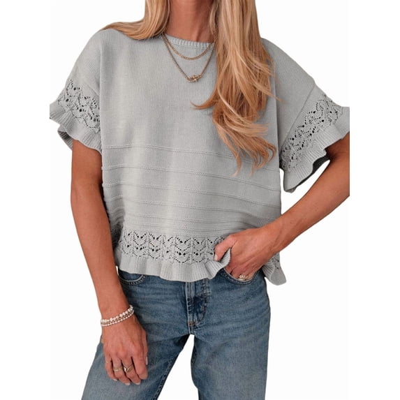 Women's Knit Crochet Short Sleeve Round Neck Ruffled Hem Pullover Fall Sweater for Casual Summer Gray M