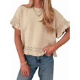 thumbnail image 1 of Women's Knit Crochet Short Sleeve Round Neck Ruffled Hem Pullover Fall Sweater for Casual Summer Khaki S, 1 of 8
