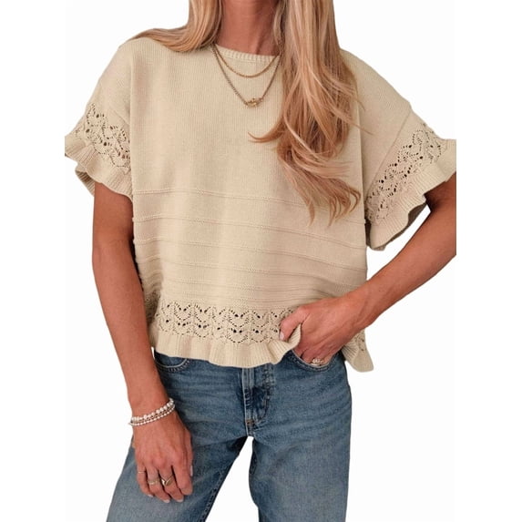 Women's Knit Crochet Short Sleeve Round Neck Ruffled Hem Pullover Fall Sweater for Casual Summer Khaki S