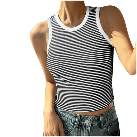 Women's Knit Crop Tank Tops Summer Trendy Striped Slim Fit Crew Neck Sleeveless Shirts Dressy Casual Blouses (L, Black)