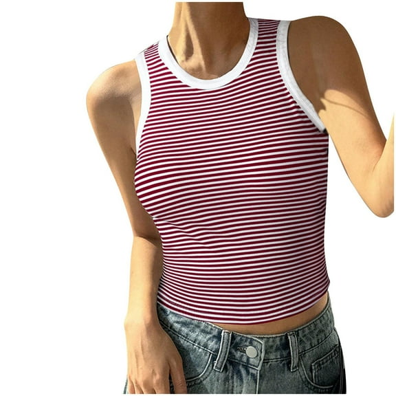 Women's Knit Crop Tank Tops Summer Trendy Striped Slim Fit Crew Neck Sleeveless Shirts Dressy Casual Blouses (M, Red)