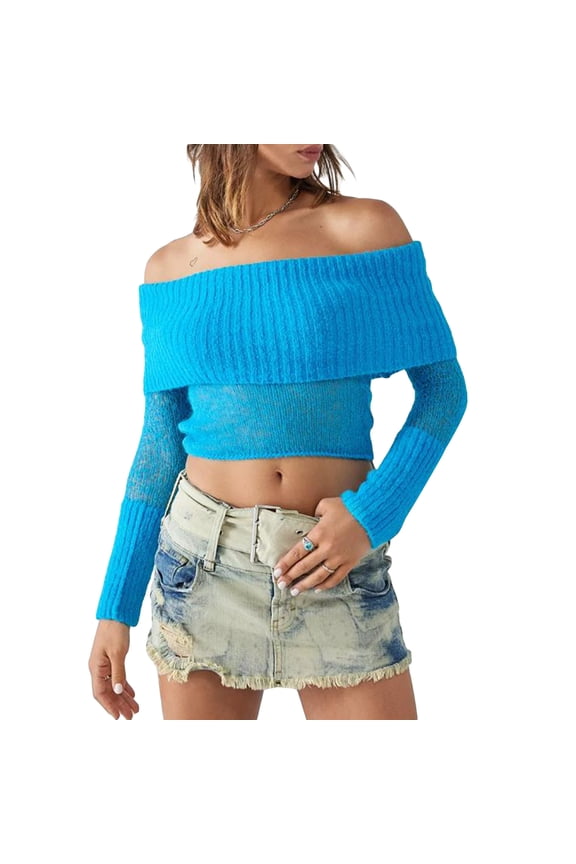 Women’s Knit Crop Tops Fashion Off Shoulder Solid Color Long Sleeve T-Shirts Cropped Sweater