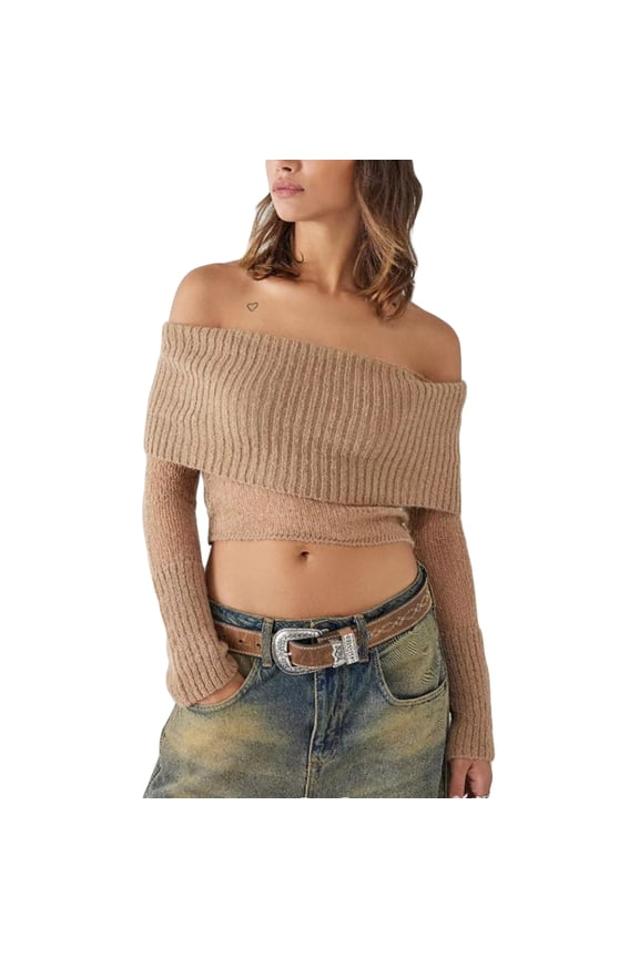 Women’s Knit Crop Tops Fashion Off Shoulder Solid Color Long Sleeve T-Shirts Cropped Sweater