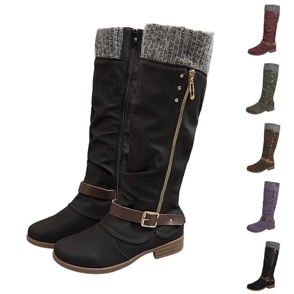 Women’s Knit Cuff Knee‑High Tall Boots, Side Zip Buckle Strap Winter Boots, Low Block Heel Warm Fashion Footwear