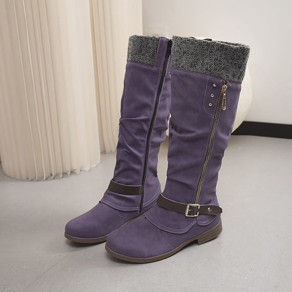 Women’s Knit Cuff Knee‑High Tall Boots, Side Zip Buckle Strap Winter Boots, Low Block Heel Warm Fashion Footwear