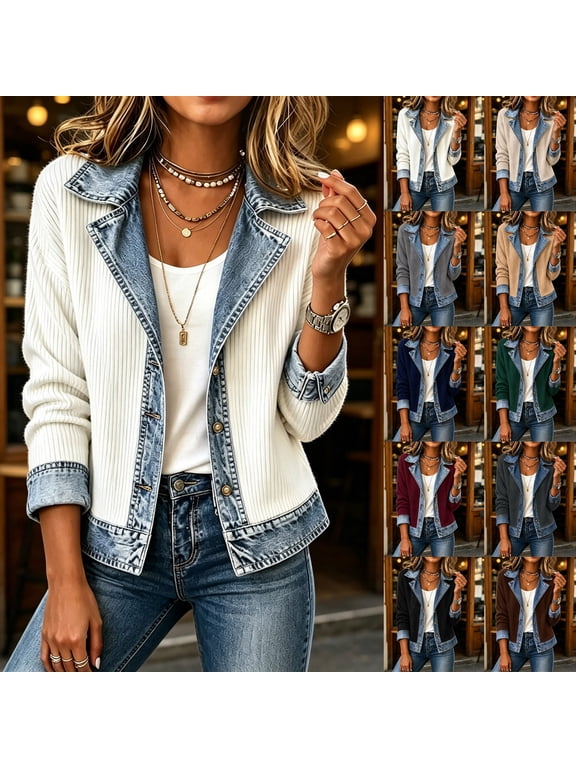 Women's Knit Denim Blazer Jacket Spliced Contrast Trim Button Front Lapel Collar Long Sleeve Casual Dressy Vintage Spring Fall Jean Outerwear White