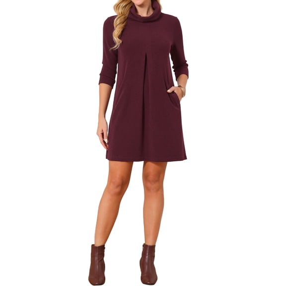 INSPIRE CHIC Women's Knit Dress 3/4 Sleeve Loose Turtleneck Pullover Sweater Fall Winter Mini Dress with Pockets S Wine Red