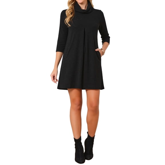 INSPIRE CHIC Women's Knit Dress 3/4 Sleeve Loose Turtleneck Pullover Sweater Fall Winter Mini Dress with Pockets XL Black