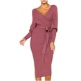 thumbnail image 1 of Women's Knit Dress Deep V Neck Long Sleeve Fall Winter Dresses Solid Tie Waist Casual Bodycon Midi Pencil Dress, 1 of 7