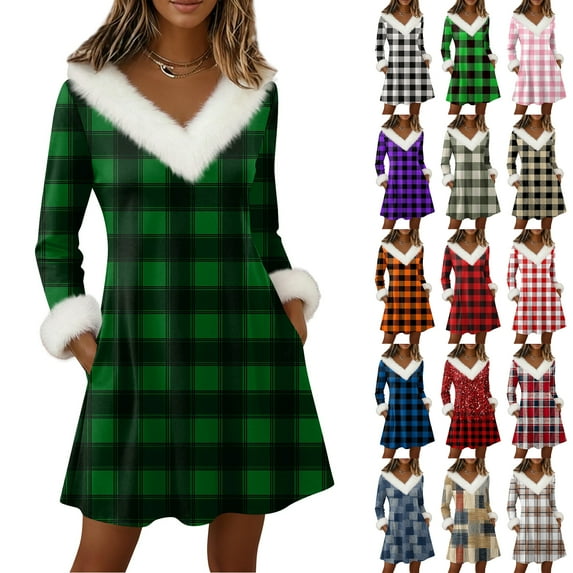 Women's Knit Dress Long Sleeve V-Neck Flannel Plaid Print Knee Length Dress with Pockets for Fall Casual Loungewear,Beige,S