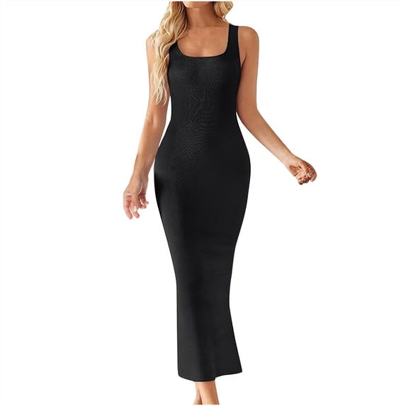 Women's Knit Dress, Sleeveless Ribbed Bodycon Midi Dress with Square Neck and High Slit, Summer Casual Dress