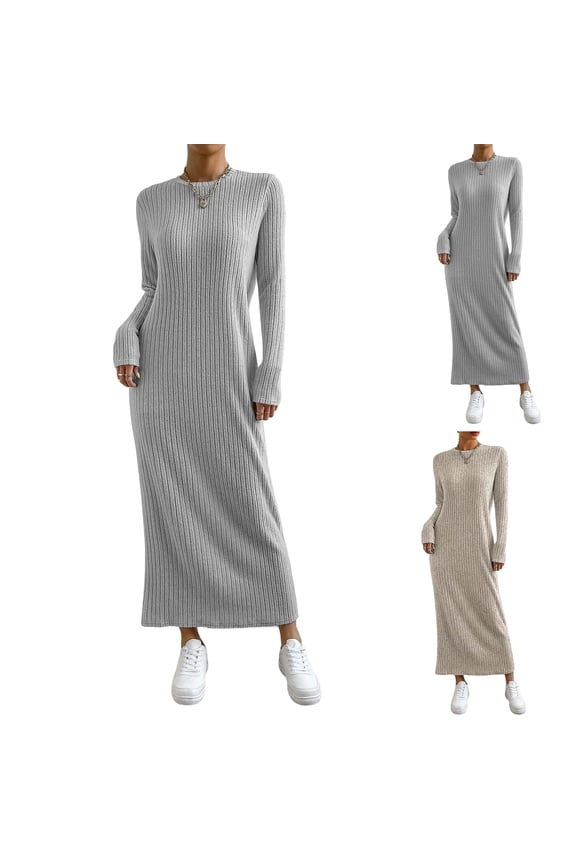 Women's Knit Dress Sweater Dress Long Sleeve Round Neck Loose Fit Pleated Front with Pockets Maxi Dress for Fall Casual,Gray,M