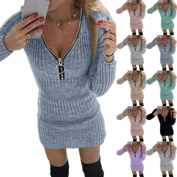 Women's Knit Dress Sweater Dress Long Sleeve Solid Color Floral Zipper Detail Mini Length Chic Dress for Spring Fall Casual,Khaki,S