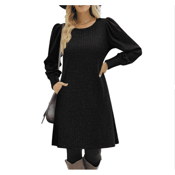 Women's Knit Dress with Puff Sleeves for Fall Winter - Round Neck Casual Tunic Dress
