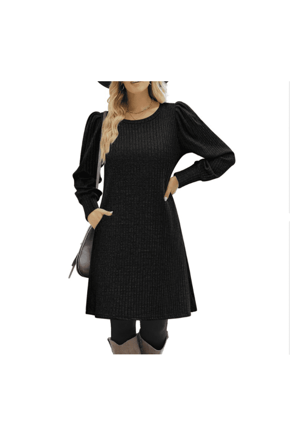 Women's Knit Dress with Puff Sleeves for Fall Winter - Round Neck Casual Tunic Dress