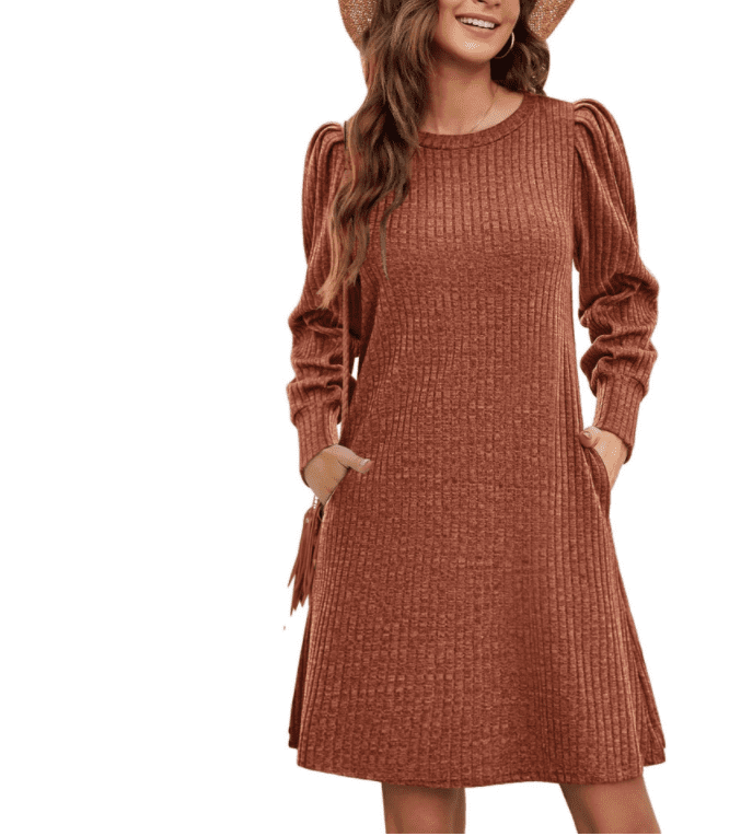 Kalavika Women's Knit Dress with Puff Sleeves for Fall Winter - Round Neck Casual Tunic Dress, Size: Large, Gray