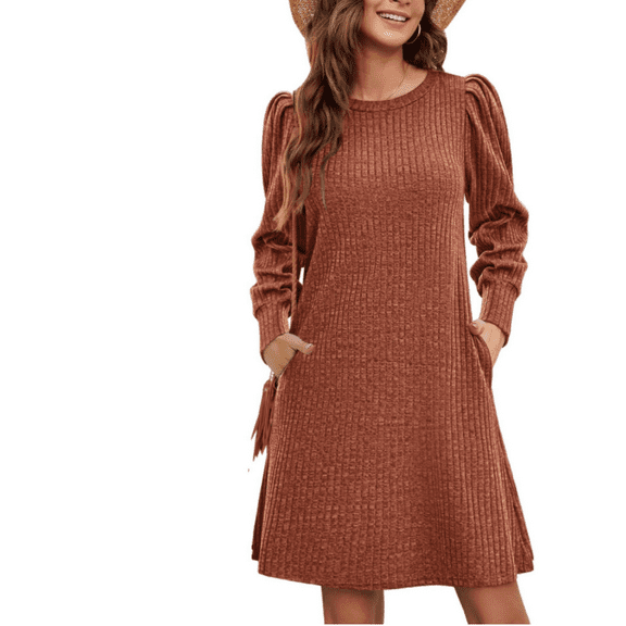 Women's Knit Dress with Puff Sleeves for Fall Winter - Round Neck Casual Tunic Dress