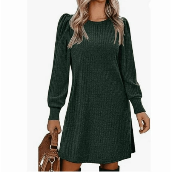 Women's Knit Dress with Puff Sleeves for Fall Winter - Round Neck Casual Tunic Dress