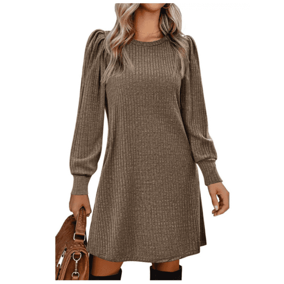 Women's Knit Dress with Puff Sleeves for Fall Winter - Round Neck Casual Tunic Dress