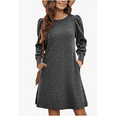 thumbnail image 1 of Women's Knit Dress with Puff Sleeves for Fall Winter - Round Neck Casual Tunic Dress, 1 of 6