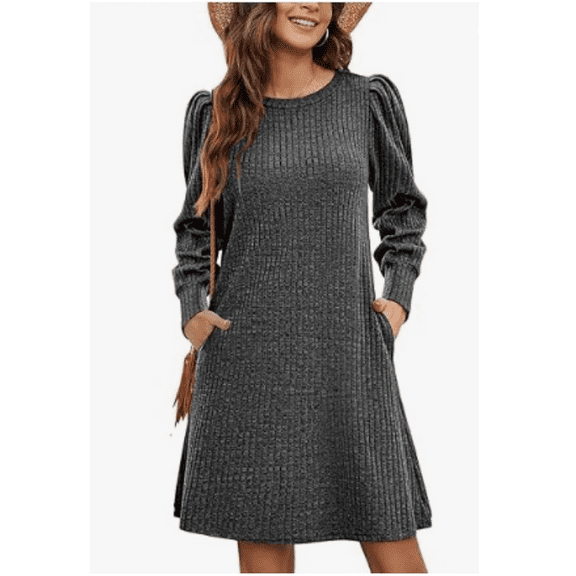 Women's Knit Dress with Puff Sleeves for Fall Winter - Round Neck Casual Tunic Dress