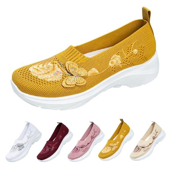 Women's Knit Embroidered Platform Sneakers Slip On Breathable Rocker Shoes Daily Commute Work Shopping Stylish Casual Footwear Yellow 37