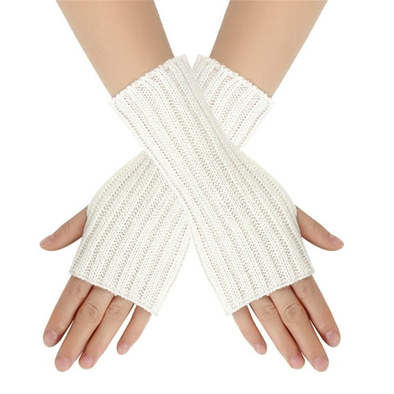 Women's Knit Fingerless Arm Gloves, Striped Pattern Sleeve Warmers, Cold Weather Arm Warmers, Thermal Half Finger Gloves, Stretchable Wrist to Elbow Warmth Covers White