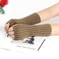thumbnail image 1 of Women's Knit Fingerless Arm Gloves, Striped Pattern Sleeve Warmers, Cold Weather Arm Warmers, Thermal Half Finger Gloves, Stretchable Wrist to Elbow Warmth Covers Khaki, 1 of 5