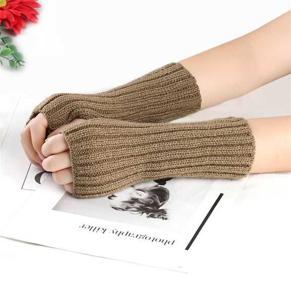 Women's Knit Fingerless Arm Gloves, Striped Pattern Sleeve Warmers, Cold Weather Arm Warmers, Thermal Half Finger Gloves, Stretchable Wrist to Elbow Warmth Covers Khaki