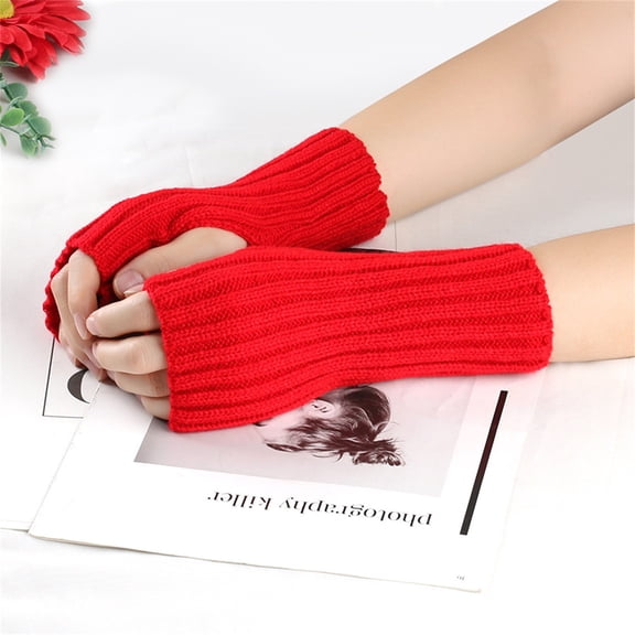 Women's Knit Fingerless Arm Gloves, Striped Pattern Sleeve Warmers, Cold Weather Arm Warmers, Thermal Half Finger Gloves, Stretchable Wrist to Elbow Warmth Covers Red1