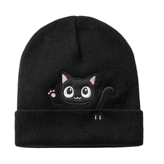 Women's Knit Hat Cat Embroidered Cute Winter Basic Slouchy Beanie Cap