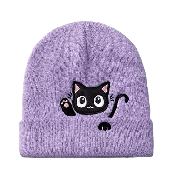 Women's Knit Hat Cat Embroidered Cute Winter Basic Slouchy Beanie Cap