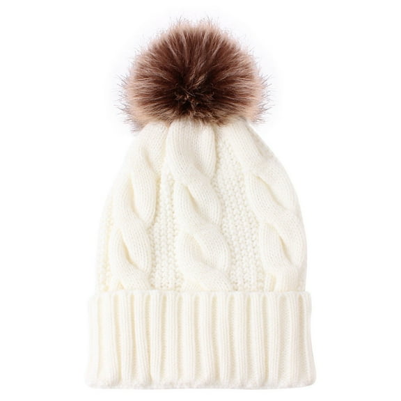 Women's Knit Hat with Pom Pom, Fleece Lined Winter Beanie for Cold Weather, Thickened Warm Knitted Cap for Autumn and Winter, Stretchable One Size Fits Most Women for Daily Wear and Skiing White