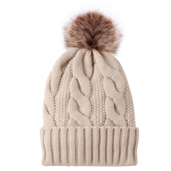 Women's Knit Hat with Pom Pom, Fleece Lined Winter Beanie for Cold Weather, Thickened Warm Knitted Cap for Autumn and Winter, Stretchable One Size Fits Most Women for Daily Wear and Skiing Beige