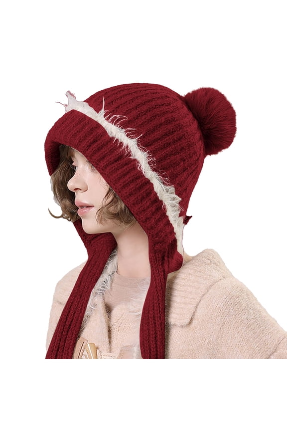 Women's Knit Hat and Scarf Set, 2-in-1 Pullover Balaclava, Winter Face Cover, Cold Weather Neck Gaiter, Outdoor Sports Mask, Fleece Lined Headwear, Running Ski Mask - Wine