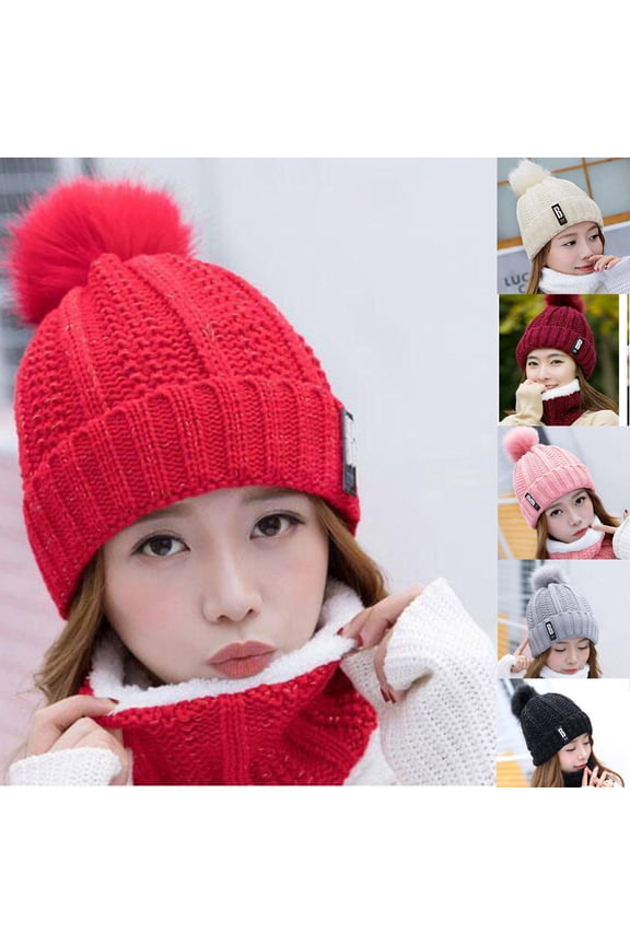 Women's Knit Hat and Scarf Set, Pom Pom Beanie with Fleece Lined Warm Cap, Winter Scarf Set for Cold Weather, Skiing, Snowboarding and Outdoor Activities-Black