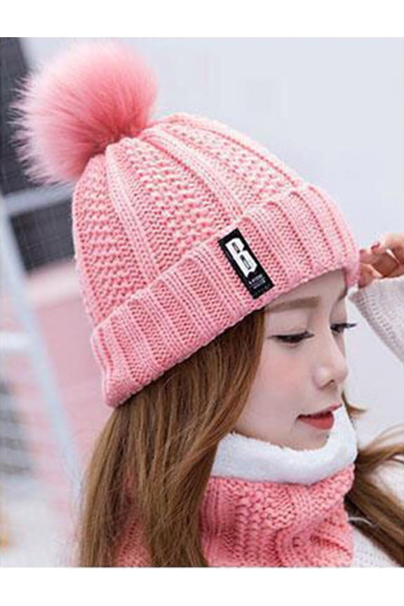 Women's Knit Hat and Scarf Set, Pom Pom Beanie with Fleece Lined Warm Cap, Winter Scarf Set for Cold Weather, Skiing, Snowboarding and Outdoor Activities-Pink