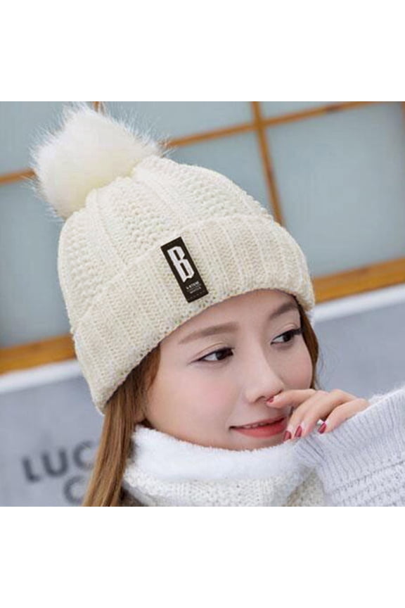 Women's Knit Hat and Scarf Set, Pom Pom Beanie with Fleece Lined Warm Cap, Winter Scarf Set for Cold Weather, Skiing, Snowboarding and Outdoor Activities-White