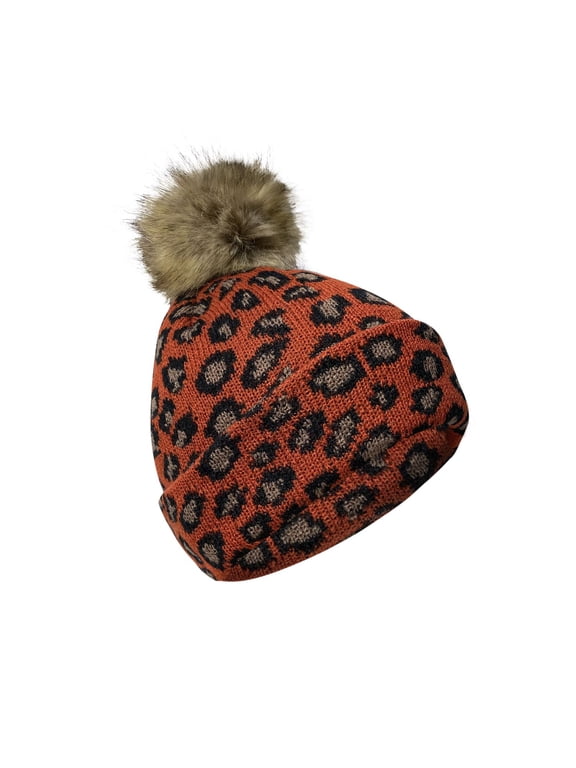 Women's Knit Hat Winter Leopard Warm Hat Print Fashion Pompom Ball Hat Warm Knit Beanie, Brick
