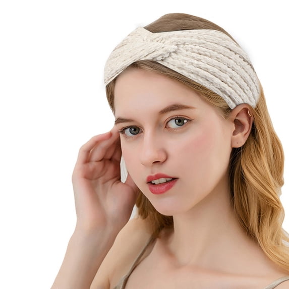 Women's Knit Headband, Cross Twist Wide Brim Hairband, Thick Acrylic Wool Winter Head Wrap for Warmth, Sports, and Casual Fashion-White