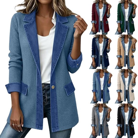 Women's Knit Jackets, Long Sleeve Paneled Denim Cardigan Outerwear with Collared Neck Single Button & Pocket, Trendy Casual Wear | VerBelle,Dark Gray L