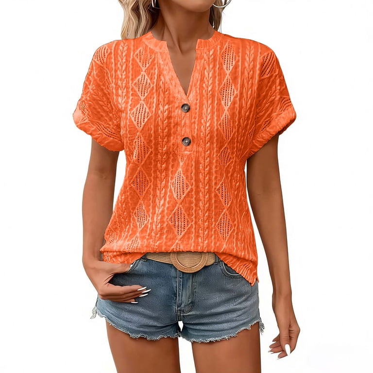 Women's Knit Jacquard Short Sleeve Shirts Summer Petite Notch V