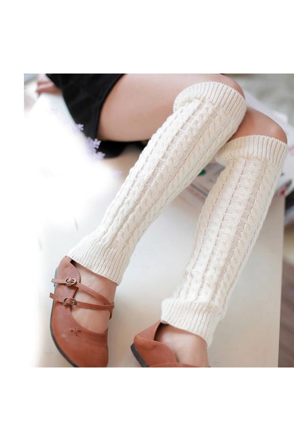 Women's Knit Leg Warmers, Winter Warm Wool Sleeves for Ankle and Calf, Fashion Crochet Long Socks, Cozy Cold Weather Accessory for Women - White