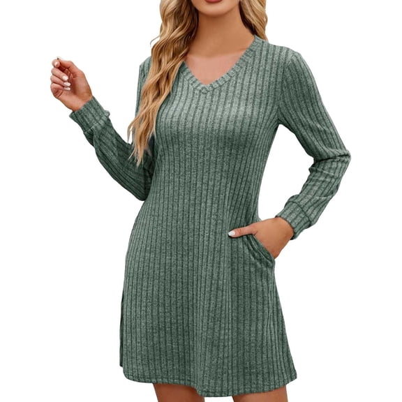 Women's Knit Long Sleeve Sweater Dress Casual V-Neck Tunic-Length DressDresses Fall Trendy Outfits