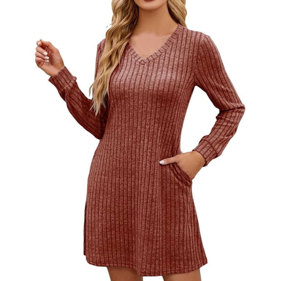 Women's Knit Long Sleeve Sweater Dress Casual V-Neck Tunic-Length DressDresses Fall Trendy Outfits